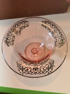 Vintage Fostoria Pink Depression Serving Bowl,Sterling design Inlay.